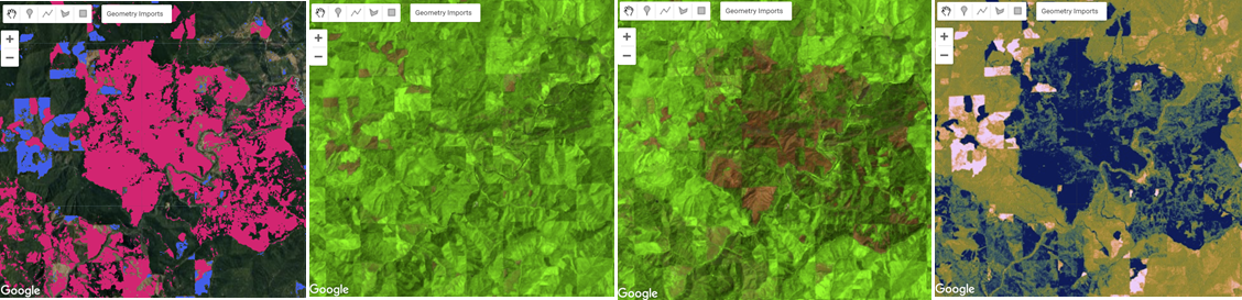 Fig. F4.4.5 (a) Change detection in timber forests of southern Oregon, including maps of the (left to right) pre-event false-color composite, post-event false-color composite, difference image, and classified change using NBR; (b) the same map types for an example of change caused by fire in southern Oregon. The false-color maps highlight vegetation in green and barren ground in brown. The difference images show NBR gain in pink to NBR loss in blue. The classified change images show NBR gain in blue and NBR loss in red.
